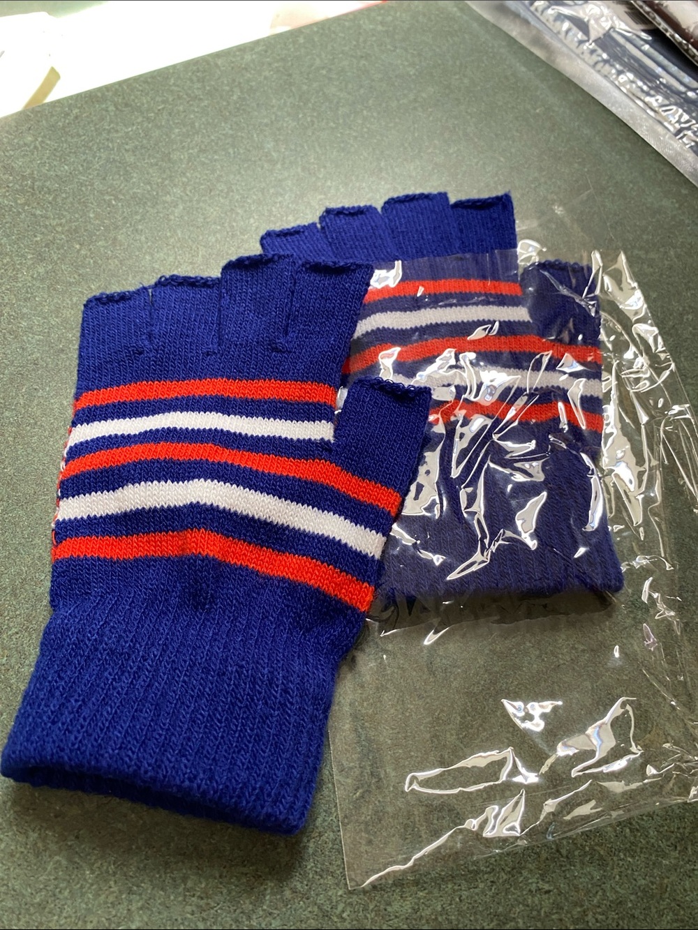 Blue Fingerless Knit Gloves with Red and White Stripes